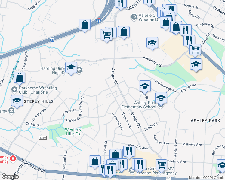 map of restaurants, bars, coffee shops, grocery stores, and more near 2109 Heywood Avenue in Charlotte