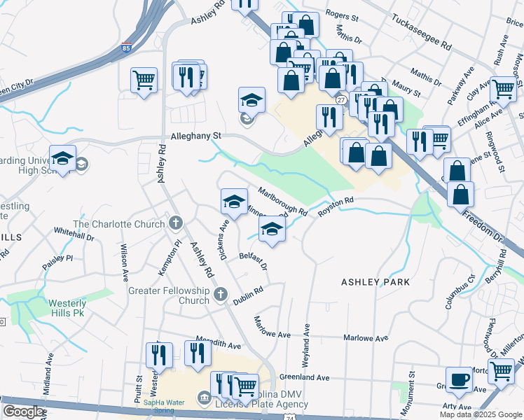 map of restaurants, bars, coffee shops, grocery stores, and more near 3118 Minnesota Road in Charlotte