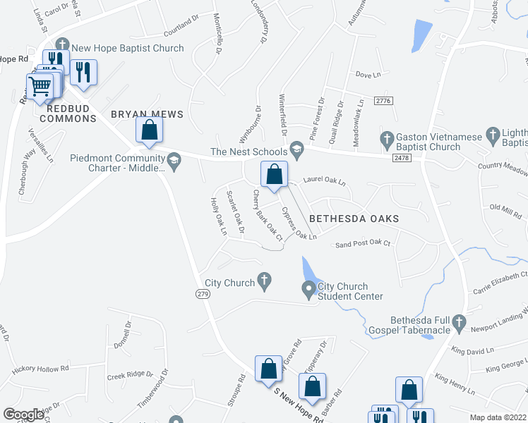 map of restaurants, bars, coffee shops, grocery stores, and more near 3203 Bur Oak Drive in Gastonia