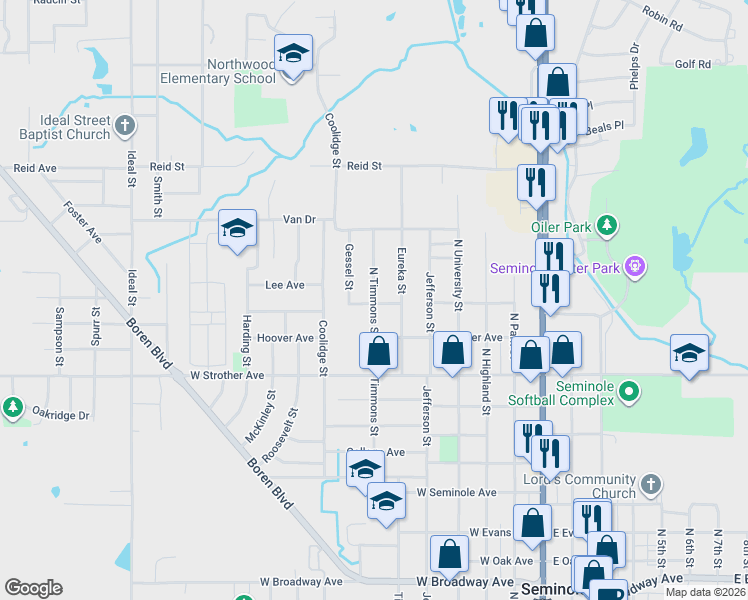 map of restaurants, bars, coffee shops, grocery stores, and more near 1200 North Timmons Street in Seminole