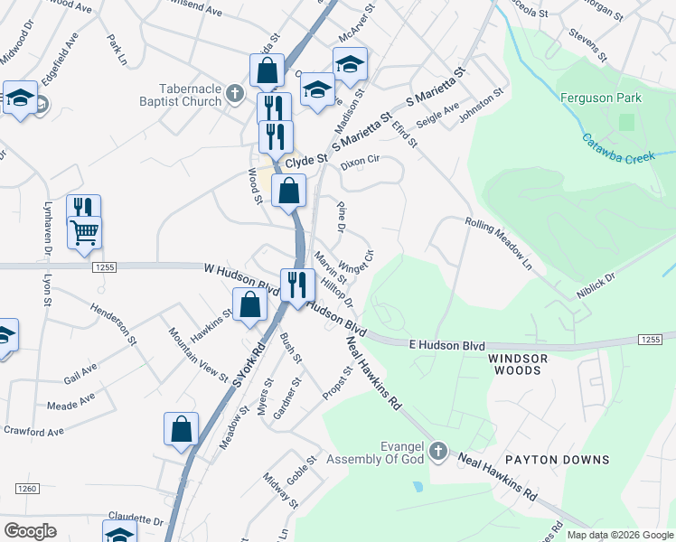 map of restaurants, bars, coffee shops, grocery stores, and more near 120 Marvin Street in Gastonia