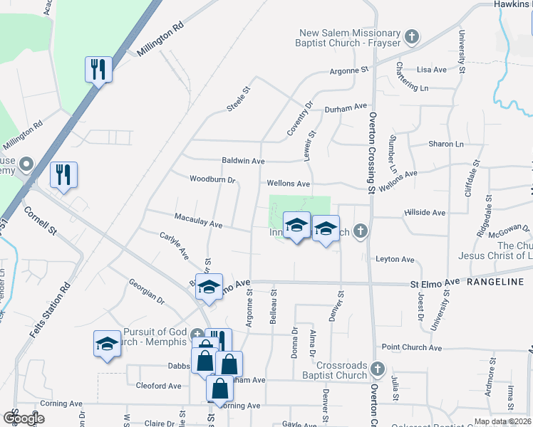 map of restaurants, bars, coffee shops, grocery stores, and more near 4020 Argonne Street in Memphis