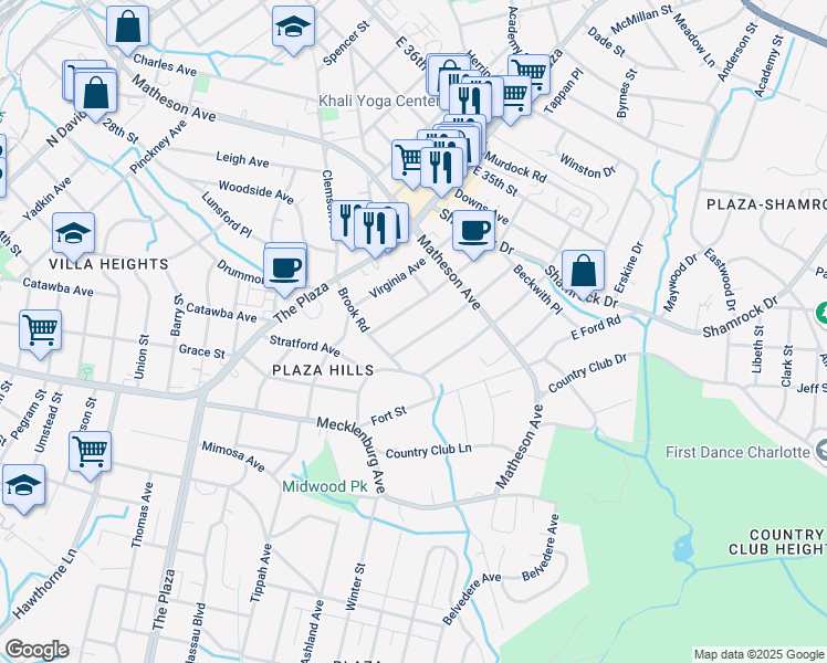 map of restaurants, bars, coffee shops, grocery stores, and more near 2845 Georgia Avenue in Charlotte