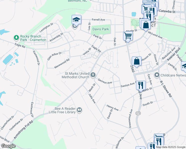 map of restaurants, bars, coffee shops, grocery stores, and more near 708 Secrest Avenue in Belmont
