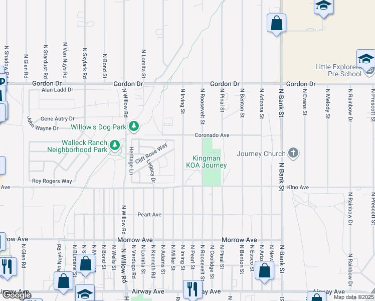 map of restaurants, bars, coffee shops, grocery stores, and more near 3840 North Irving Street in Kingman