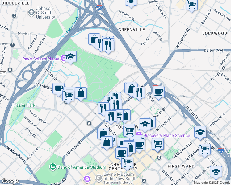 map of restaurants, bars, coffee shops, grocery stores, and more near 601 West 8th Street in Charlotte