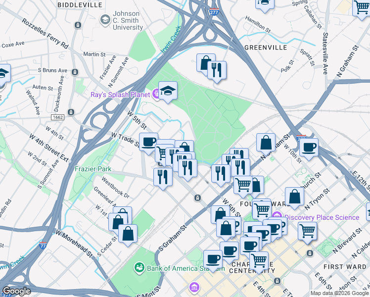 map of restaurants, bars, coffee shops, grocery stores, and more near 233 North Cedar Street in Charlotte