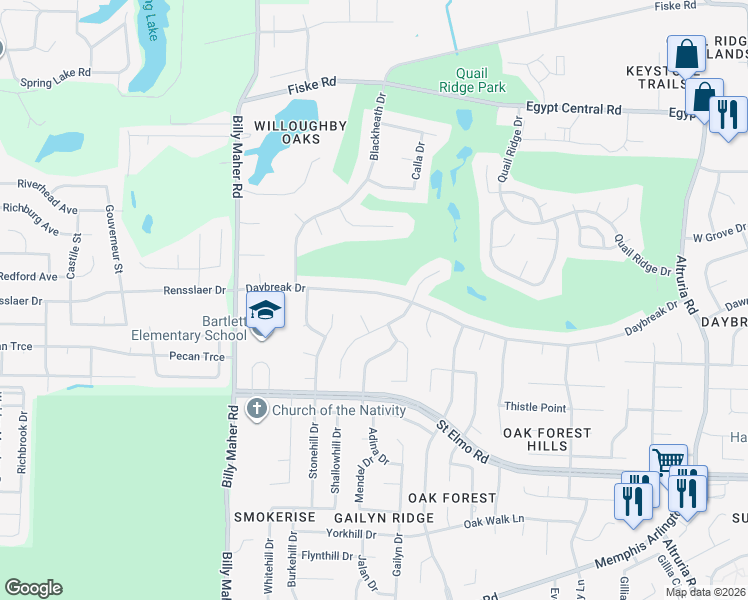 map of restaurants, bars, coffee shops, grocery stores, and more near 6127 Daybreak Drive in Bartlett