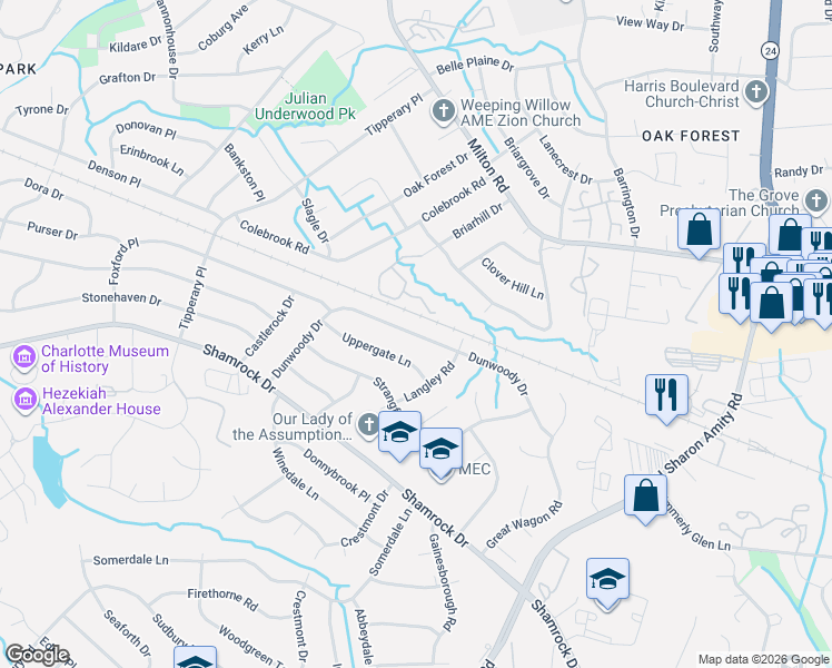 map of restaurants, bars, coffee shops, grocery stores, and more near 4033 Dunwoody Drive in Charlotte