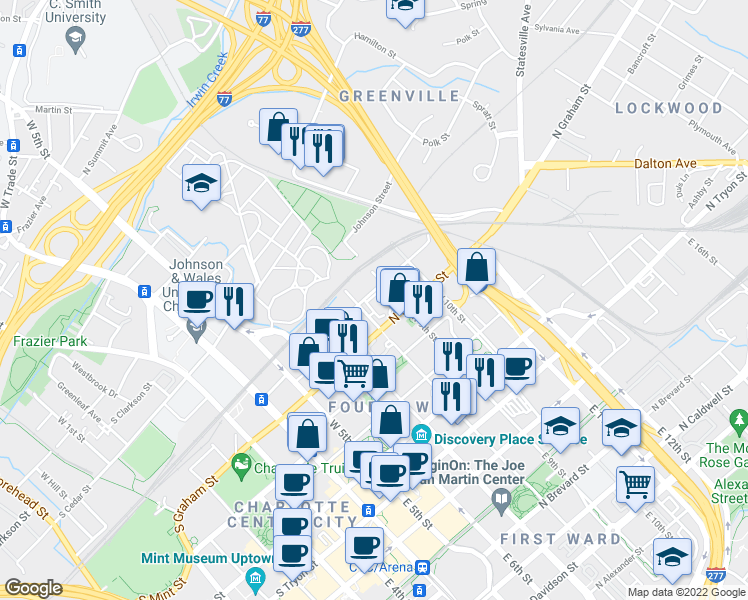 map of restaurants, bars, coffee shops, grocery stores, and more near 501 North Graham Street in Charlotte
