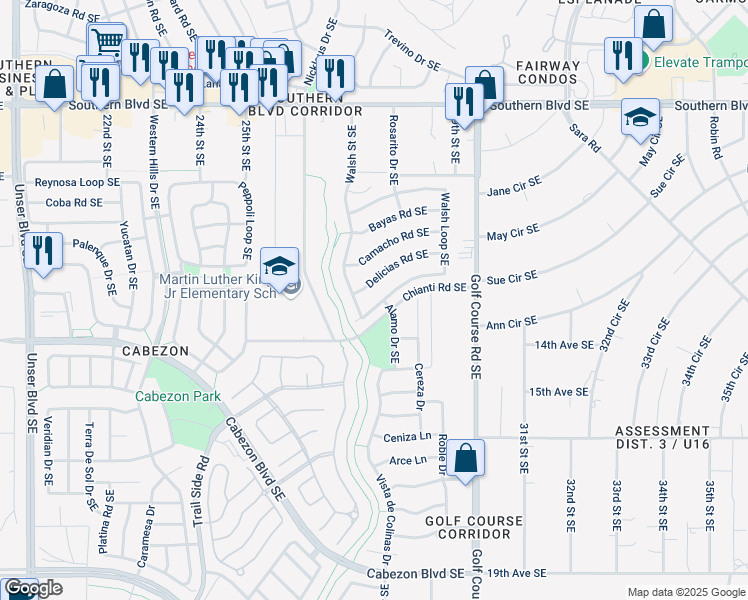 map of restaurants, bars, coffee shops, grocery stores, and more near 2725 Walsh Loop Southeast in Rio Rancho