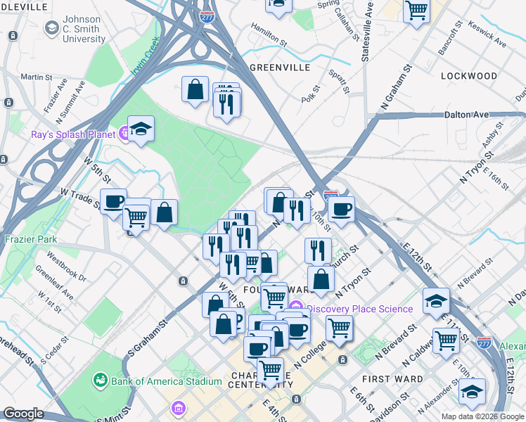 map of restaurants, bars, coffee shops, grocery stores, and more near 501 North Graham Street in Charlotte