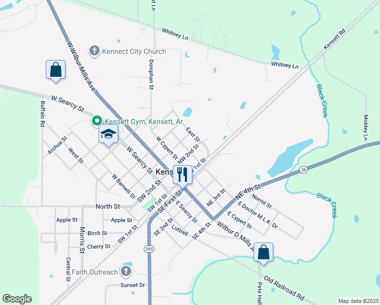 map of restaurants, bars, coffee shops, grocery stores, and more near 301 Northwest 2nd Street in Kensett