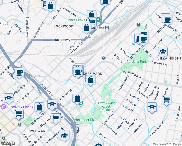 map of restaurants, bars, coffee shops, grocery stores, and more near 530 East 16th Street in Charlotte