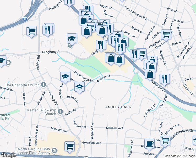 map of restaurants, bars, coffee shops, grocery stores, and more near 2838 Royston Road in Charlotte