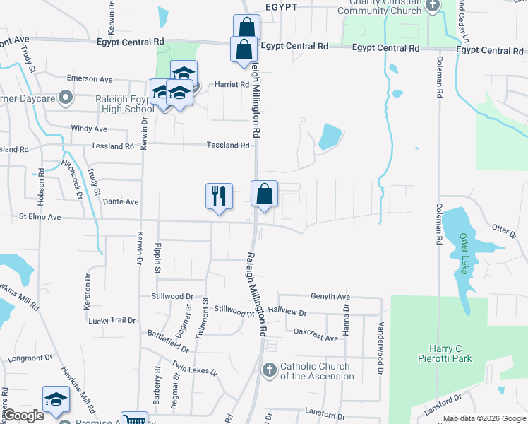 map of restaurants, bars, coffee shops, grocery stores, and more near 4004 Raleigh Millington Road in Memphis