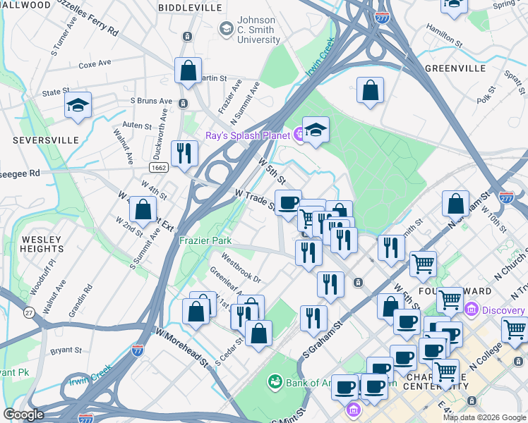 map of restaurants, bars, coffee shops, grocery stores, and more near 1005 West Trade Street in Charlotte