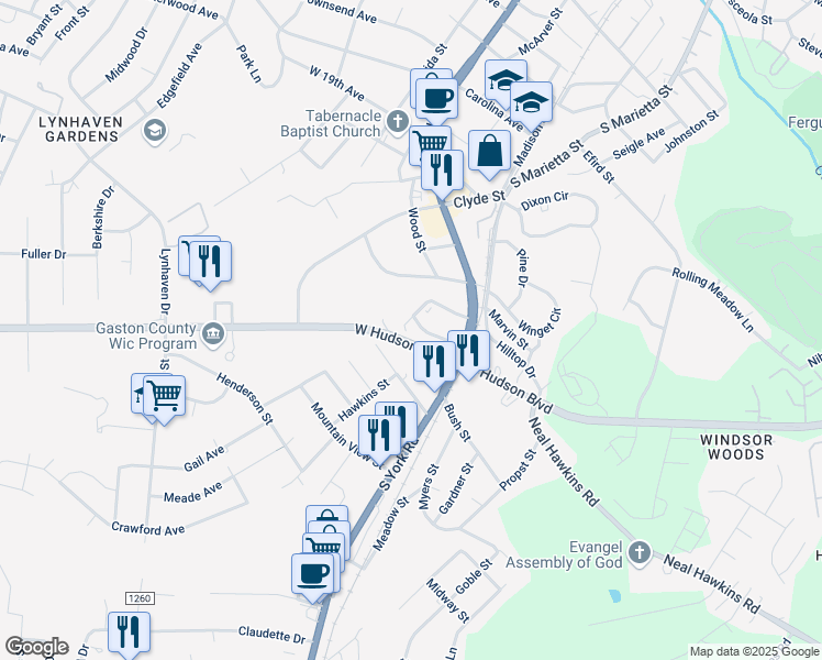map of restaurants, bars, coffee shops, grocery stores, and more near 224 West Hilltop Circle in Gastonia