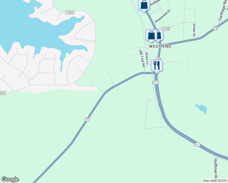 map of restaurants, bars, coffee shops, grocery stores, and more near 4381 North Carolina 73 in Moore County