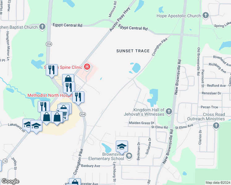 map of restaurants, bars, coffee shops, grocery stores, and more near 3995 Covington Pike in Memphis