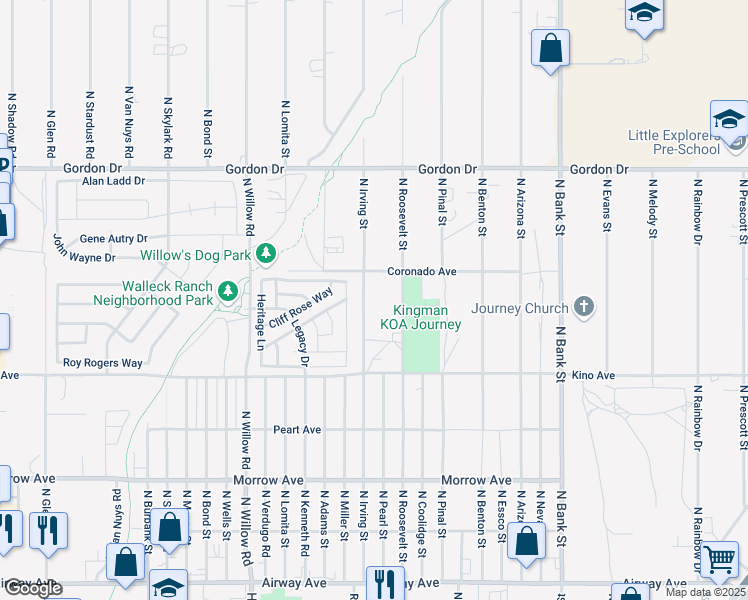 map of restaurants, bars, coffee shops, grocery stores, and more near 3846 North Irving Street in Kingman