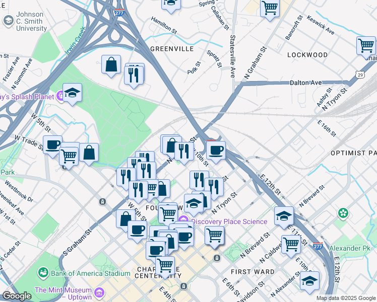 map of restaurants, bars, coffee shops, grocery stores, and more near in Charlotte