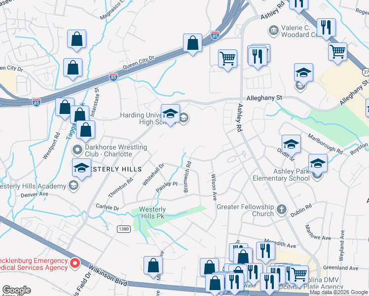 map of restaurants, bars, coffee shops, grocery stores, and more near 3849 Bullard Street in Charlotte