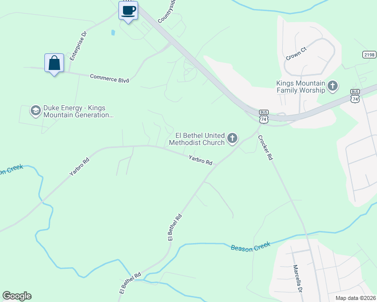 map of restaurants, bars, coffee shops, grocery stores, and more near 114 Yarbro Road in Kings Mountain
