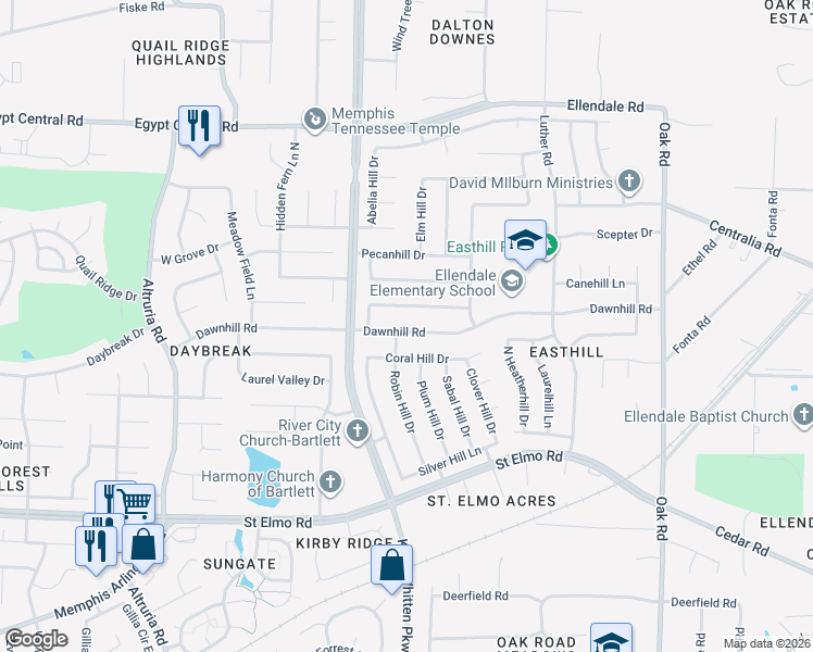 map of restaurants, bars, coffee shops, grocery stores, and more near 6846 Dawnhill Road in Bartlett