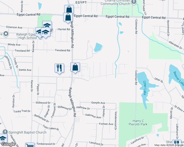 map of restaurants, bars, coffee shops, grocery stores, and more near 4010 Lehi Drive in Memphis