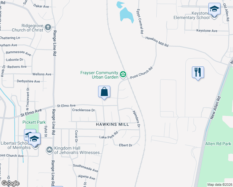map of restaurants, bars, coffee shops, grocery stores, and more near 4007 Point Church Road in Memphis