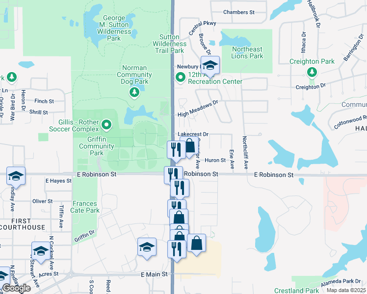 map of restaurants, bars, coffee shops, grocery stores, and more near 1328 Superior Avenue in Norman