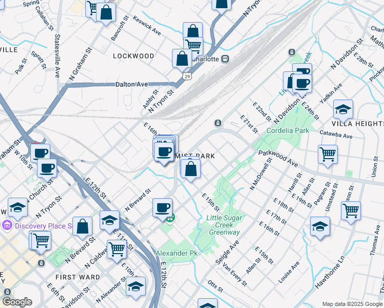 map of restaurants, bars, coffee shops, grocery stores, and more near 530 East 16th Street in Charlotte