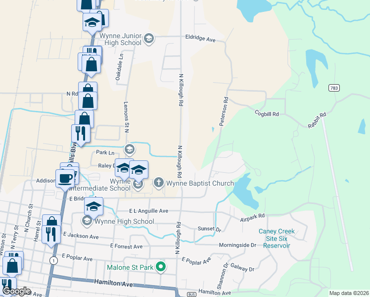 map of restaurants, bars, coffee shops, grocery stores, and more near 1476 North Killough Road in Wynne