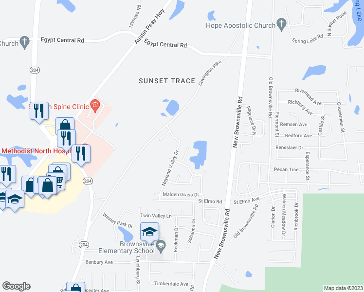 map of restaurants, bars, coffee shops, grocery stores, and more near 3998 Neyland Valley in Memphis