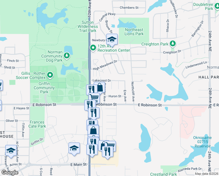 map of restaurants, bars, coffee shops, grocery stores, and more near 1314 Keystone Lane in Norman