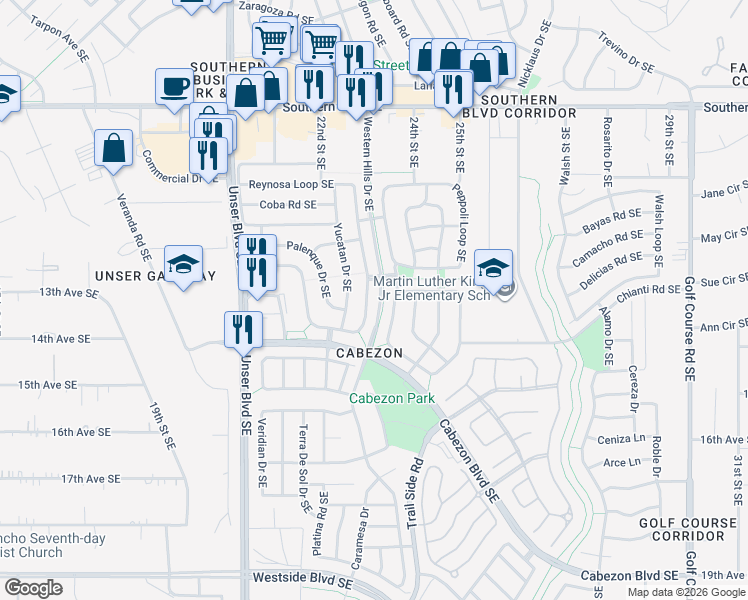map of restaurants, bars, coffee shops, grocery stores, and more near 1312 Reynosa Loop Southeast in Rio Rancho