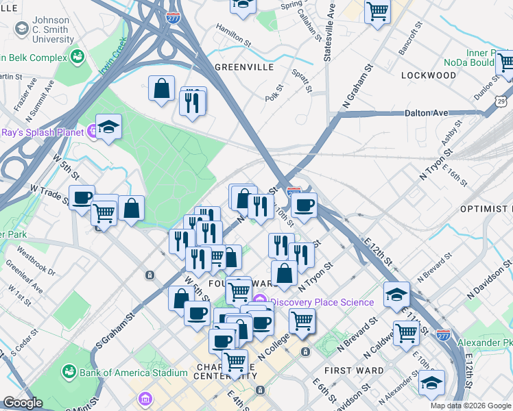 map of restaurants, bars, coffee shops, grocery stores, and more near North Graham Street in Charlotte