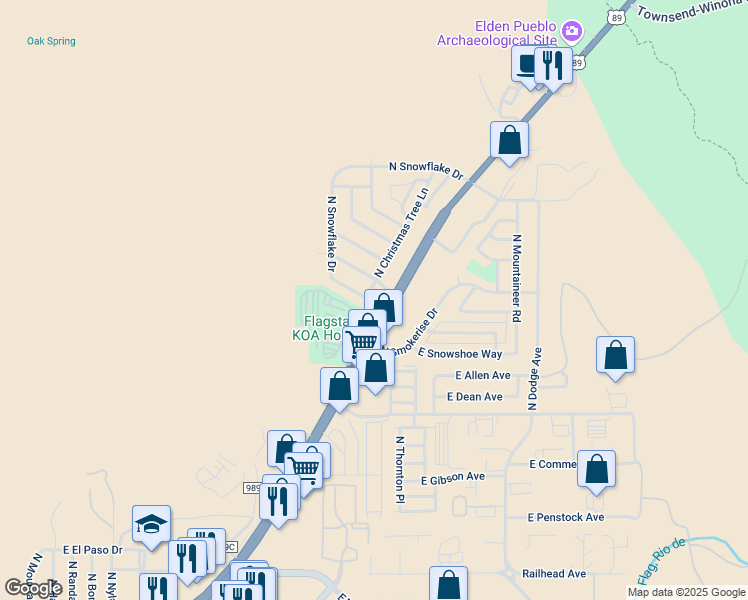 map of restaurants, bars, coffee shops, grocery stores, and more near 5800 North Christmas Tree Lane in Flagstaff