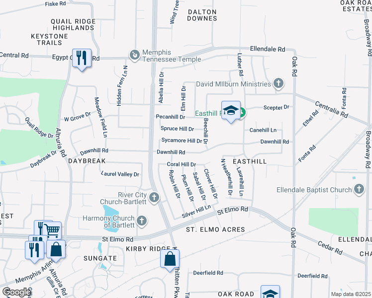 map of restaurants, bars, coffee shops, grocery stores, and more near 6846 Dawnhill Rd in Bartlett