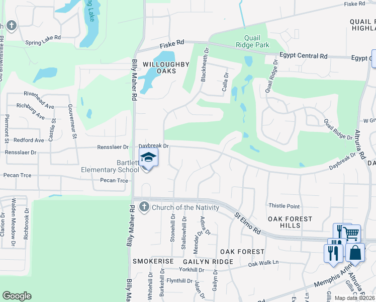 map of restaurants, bars, coffee shops, grocery stores, and more near 6085 Daybreak Drive in Bartlett