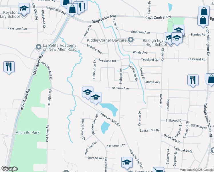 map of restaurants, bars, coffee shops, grocery stores, and more near 3655 Dante Avenue in Memphis