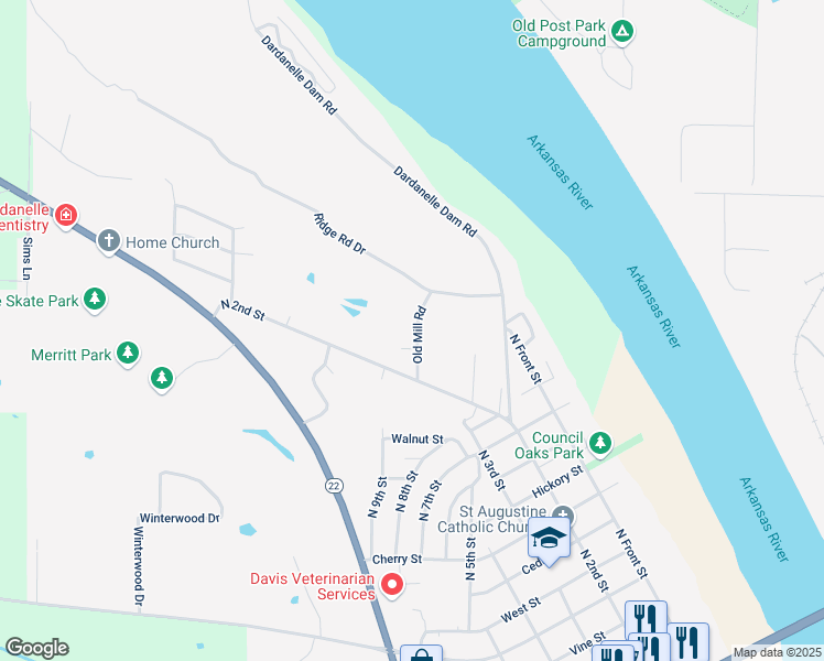 map of restaurants, bars, coffee shops, grocery stores, and more near 217 Old Mill Road in Dardanelle