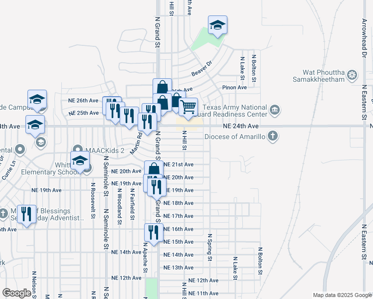 map of restaurants, bars, coffee shops, grocery stores, and more near 3801 Northeast 22nd Avenue in Amarillo