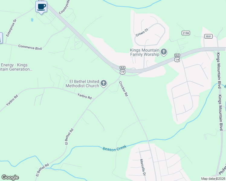 map of restaurants, bars, coffee shops, grocery stores, and more near 115 El Bethel Road in Kings Mountain