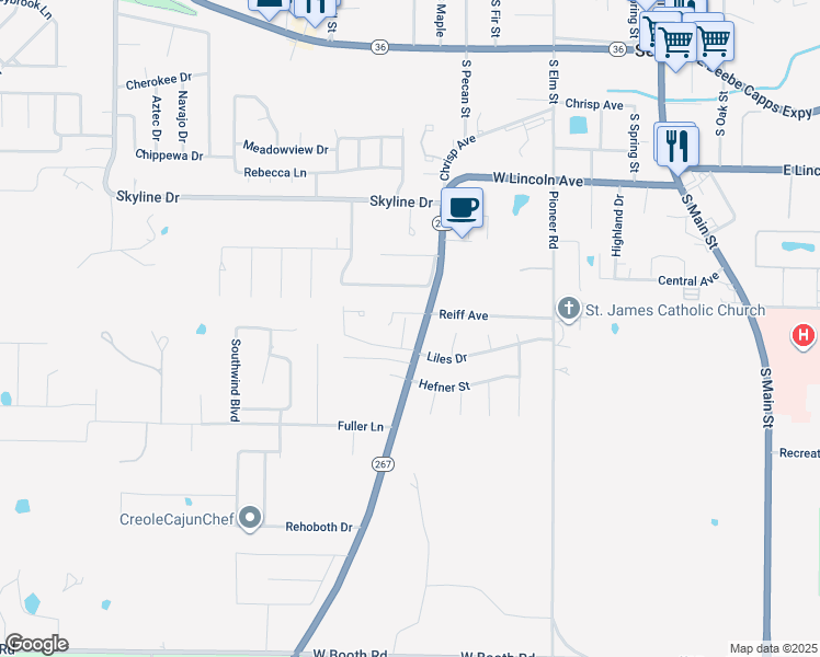 map of restaurants, bars, coffee shops, grocery stores, and more near 1204 Arkansas 267 in Searcy