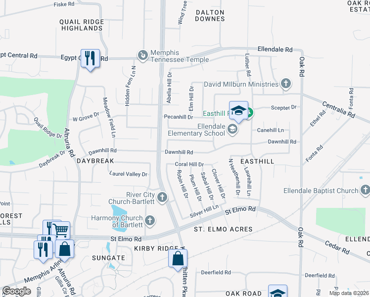 map of restaurants, bars, coffee shops, grocery stores, and more near 6846 Dawnhill Road in Bartlett