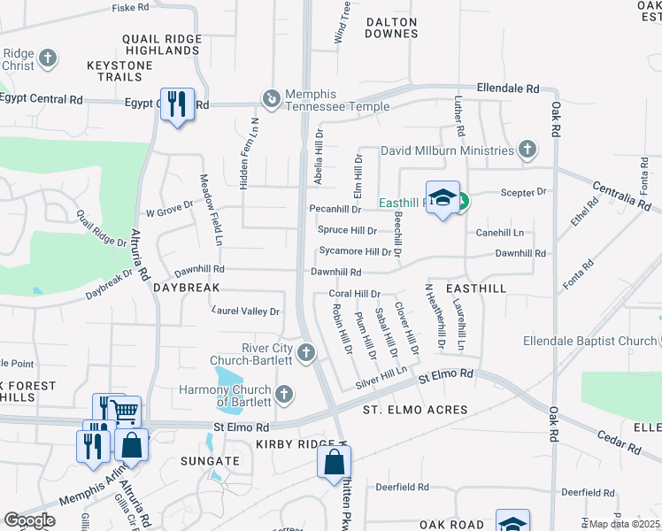 map of restaurants, bars, coffee shops, grocery stores, and more near 6800 Dawnhill Road in Memphis