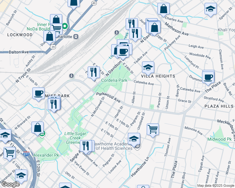 map of restaurants, bars, coffee shops, grocery stores, and more near 1812 Seigle Avenue in Charlotte