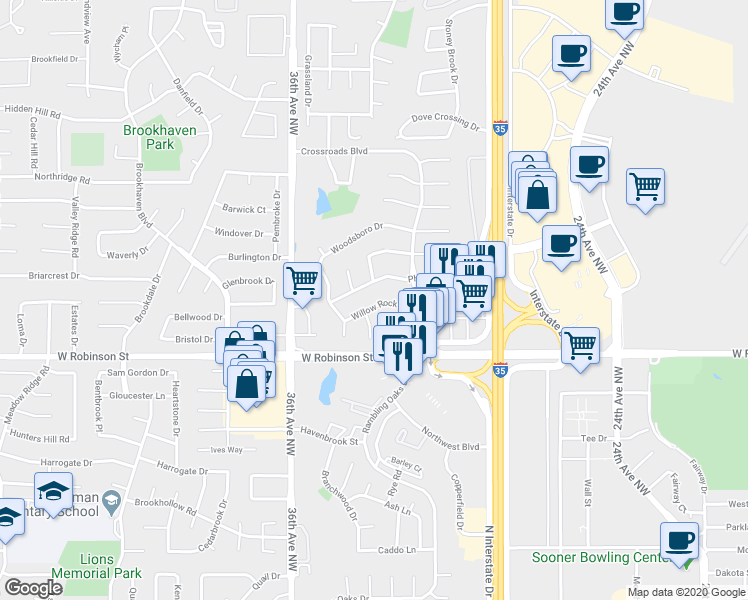 map of restaurants, bars, coffee shops, grocery stores, and more near 3313 Willow Rock Road in Norman